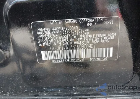 2021 Subaru Wrx из США, поврежденный, VIN JF1VA1A61M9800907